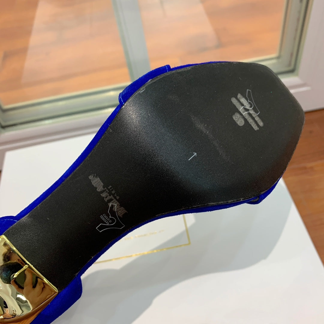 BALMAIN 25S THIN STRAP HIGH HEELS 105MM IN DARK BLUE SUEDE GOLD HARDWARE