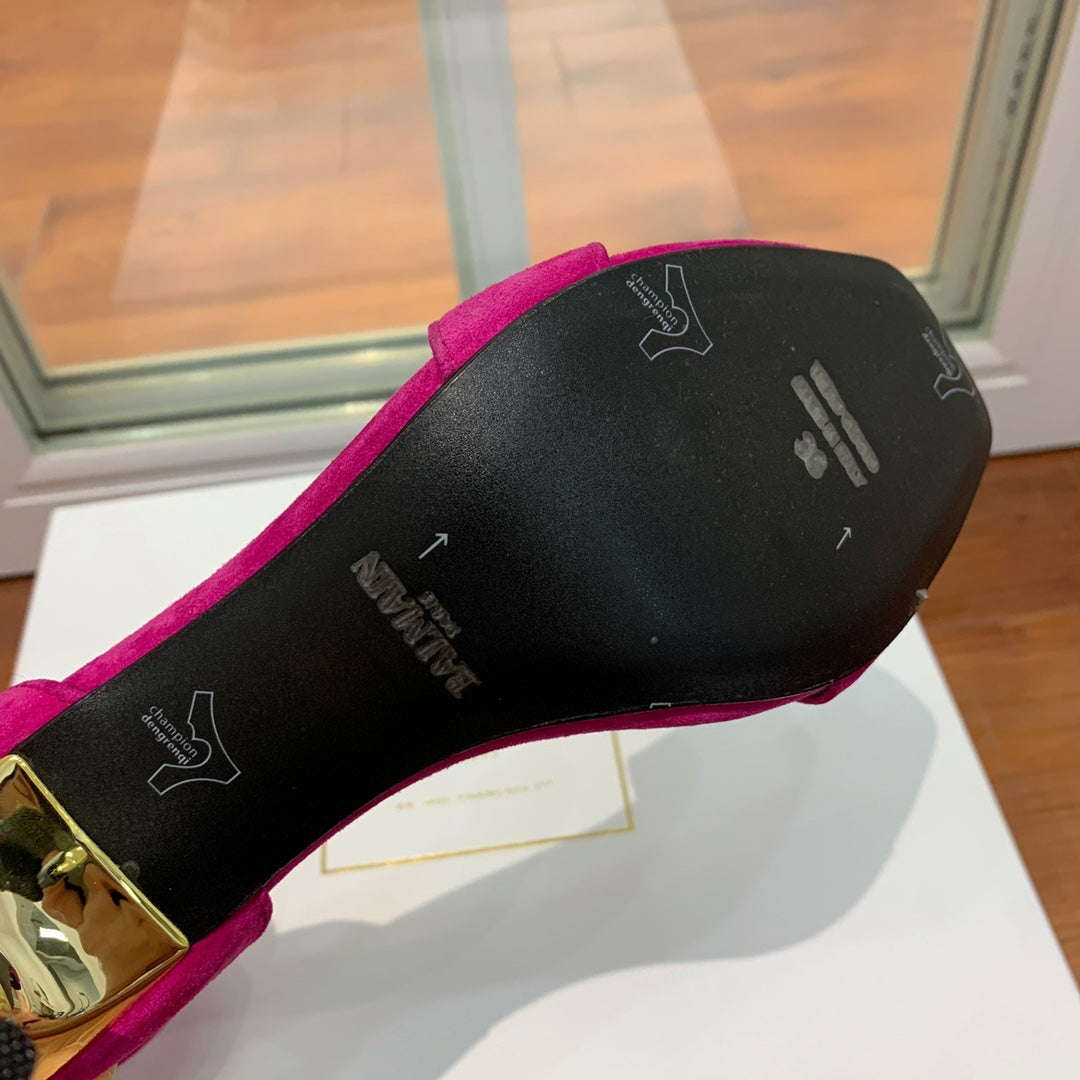 BALMAIN 25S THIN STRAP HIGH HEELS 105MM IN FUCHSIA SUEDE GOLD HARDWARE