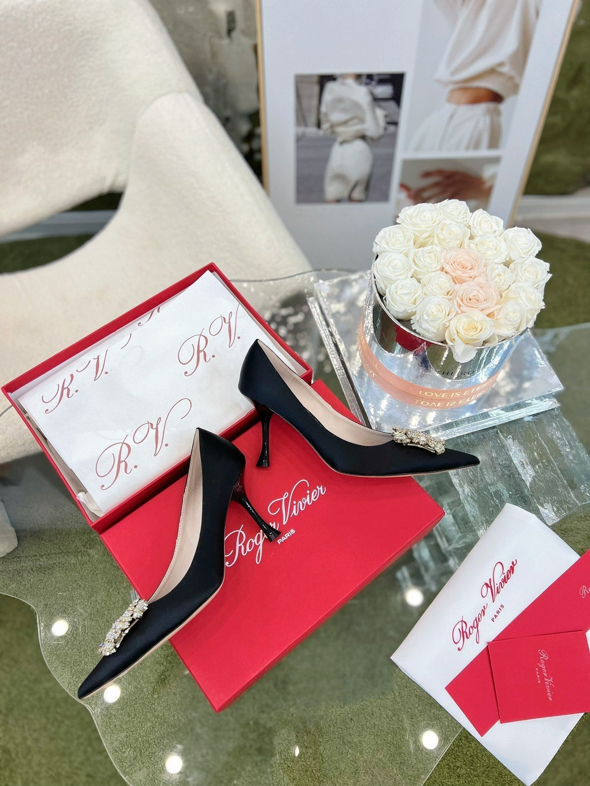 EFFLORESCENCE POINTED-TOE PUMPS IN BLACK SATIN WITH CRYSTAL BUCKLE