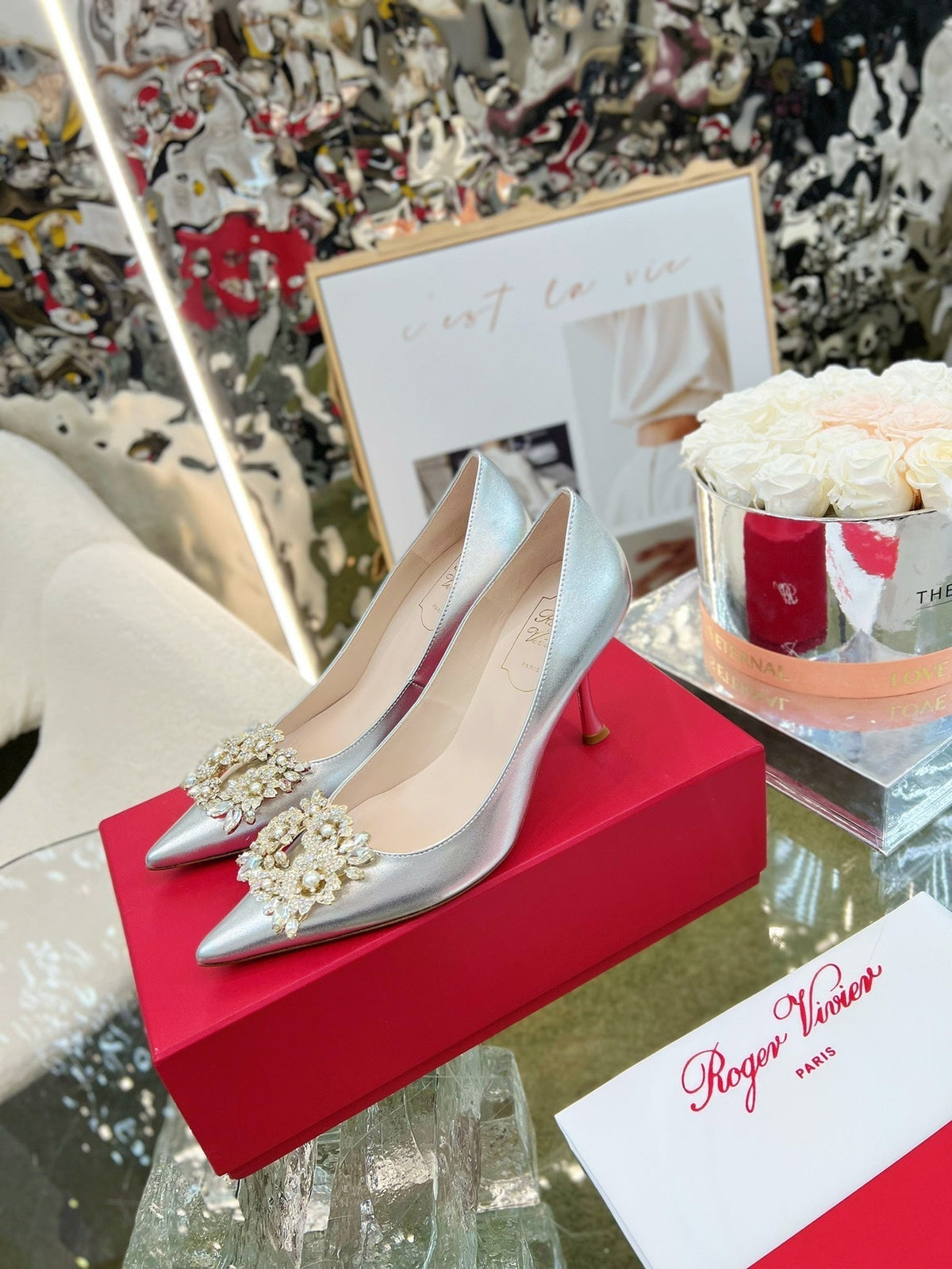 EFFLORESCENCE POINTED-TOE PUMPS 85MM IN SILVER SATIN WITH CRYSTAL BUCKLE