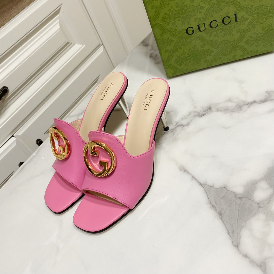 GG WEDGE SLIDES 110 IN BLUE FABRIC WITH GOLD HARDWARE