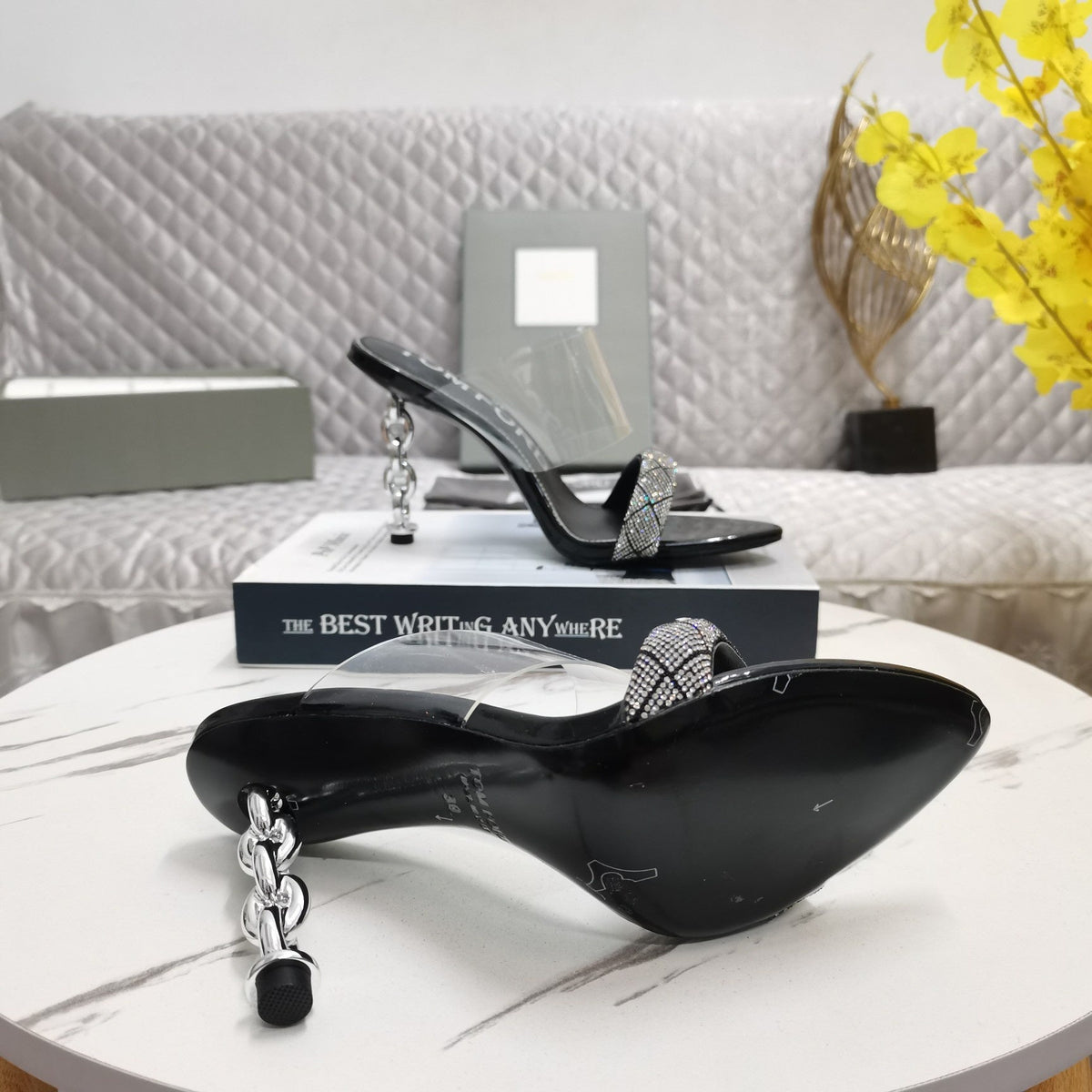 CRYSTAL HIGH HEEL MULE 10 CM IN BLACK LAMBSKIN