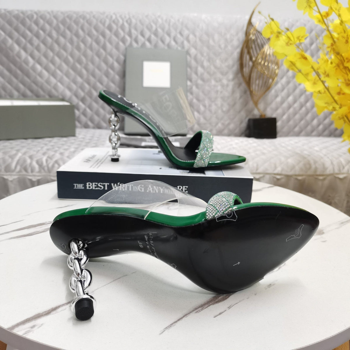 CRYSTAL HIGH HEEL MULE 10 CM IN GREEN FOREST LAMBSKIN