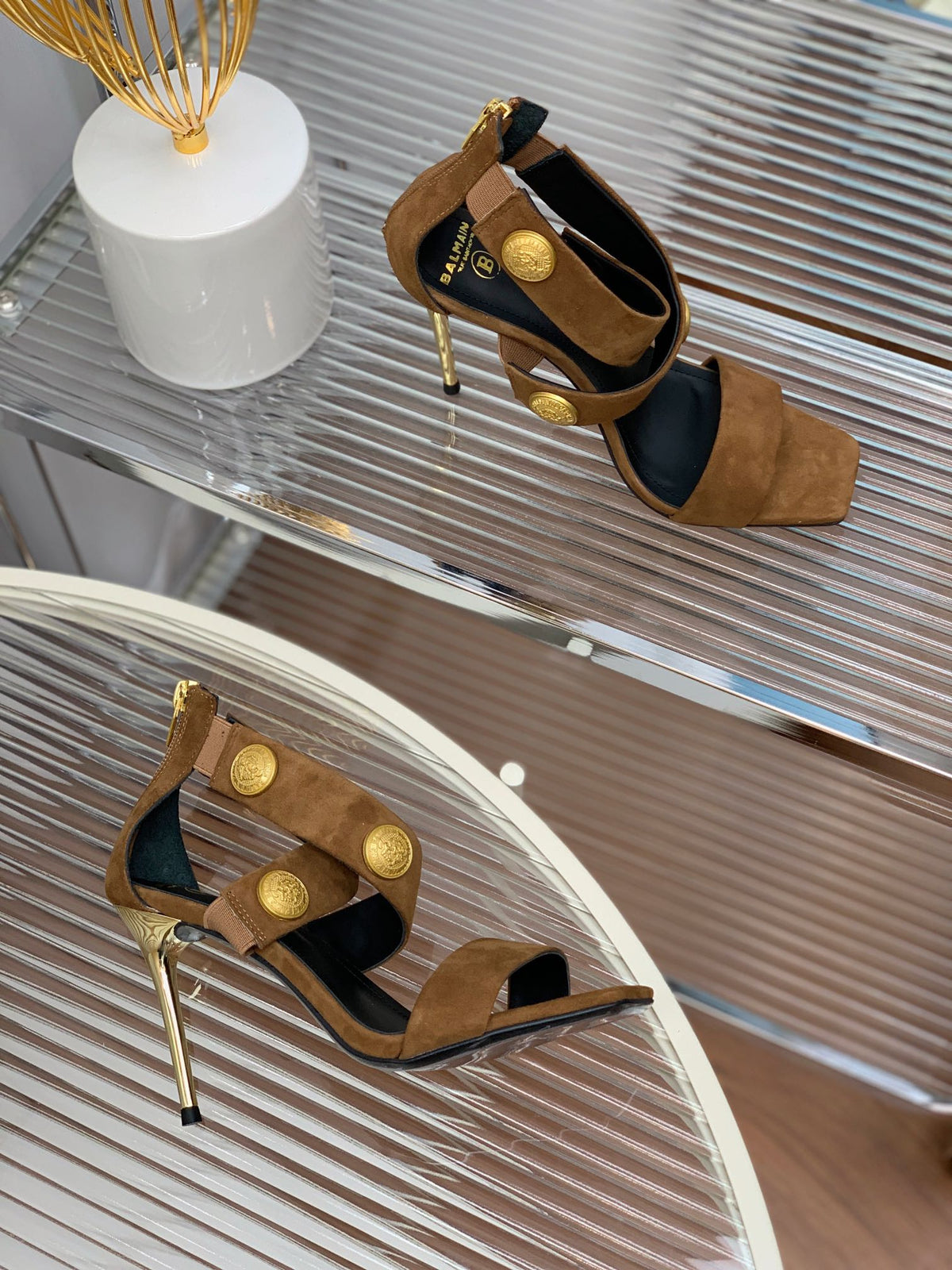 BALMAIN 25S CROSSOVER STRAP HIGH HEELS 95MM IN BROWN SUEDE