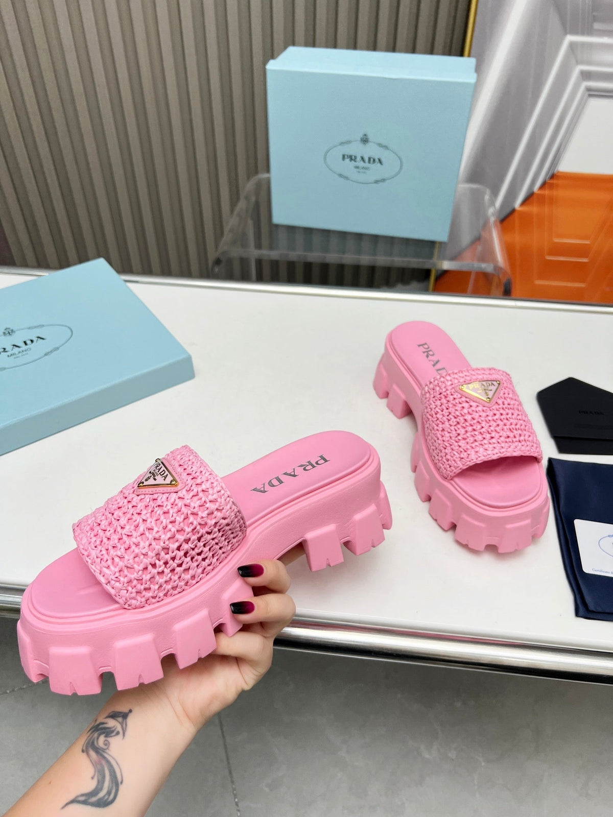 PRA THICK-SOLED CROCHET SANDALS PINK WOVEN FABRIC
