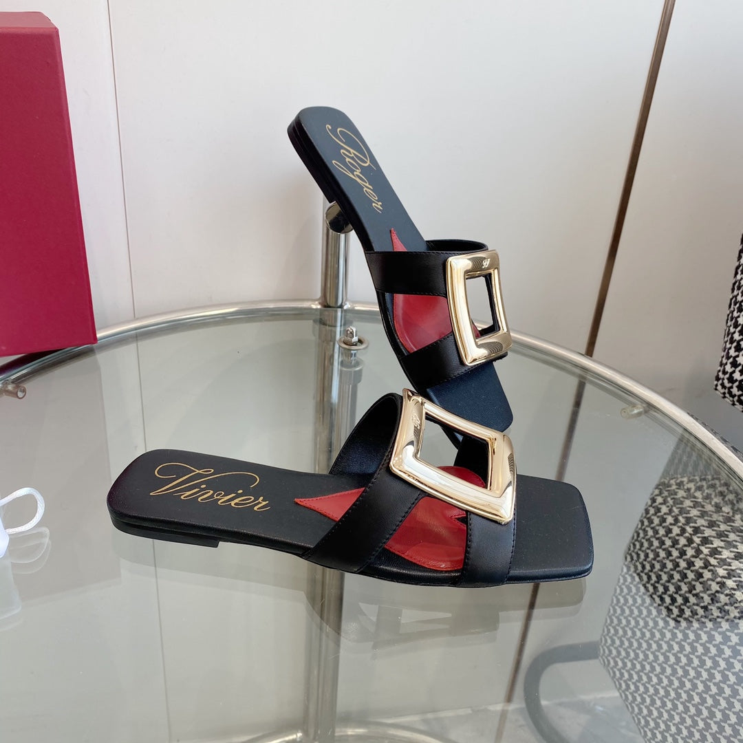 VIV' BY THE SEA LOVE METAL MULES IN BLACK CALFSKIN GOLD BUCKLE