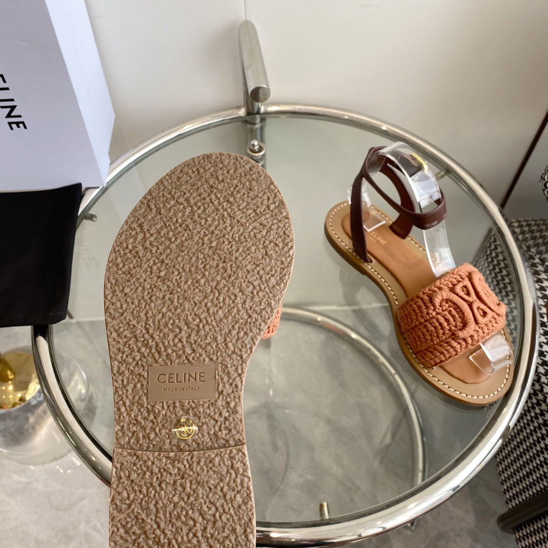 LYMPIA SANDAL IN BRONZE BROWN TRIOMPHE MACCRAMÉ COTTON AND TAN CALFSKIN