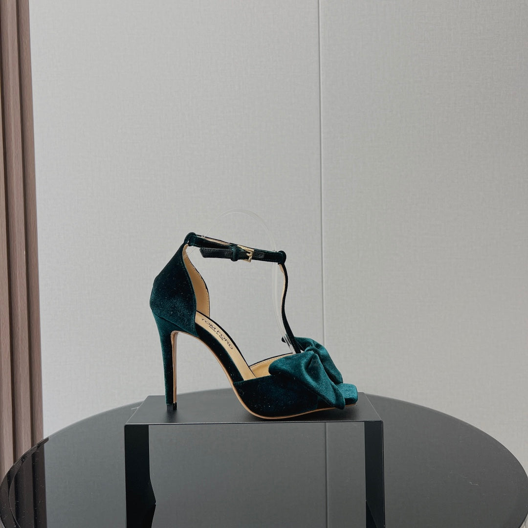 HIGH HEEL 10 SANDAL IN GREEN FOREST VELVET WITH BOW