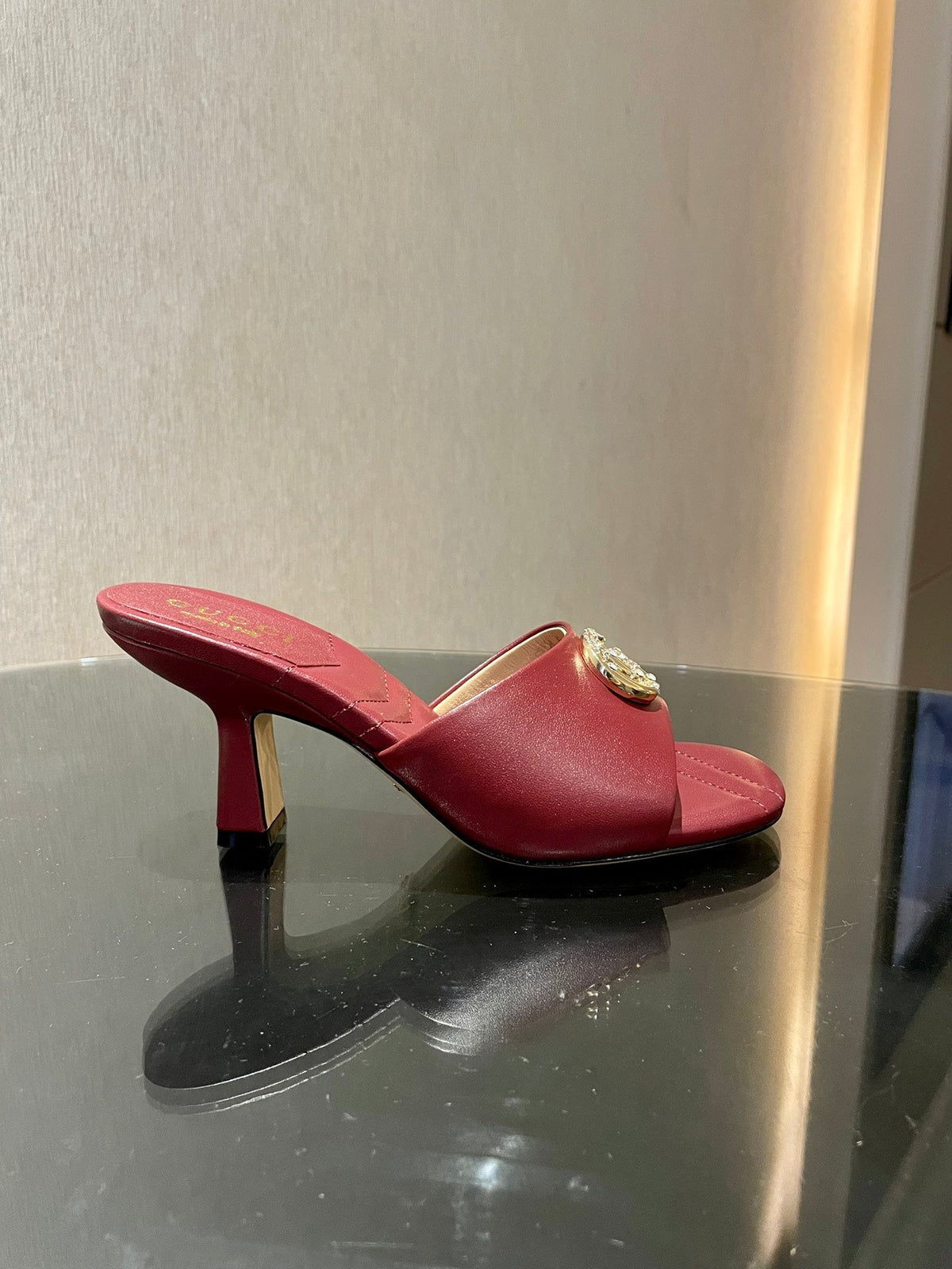 GG HIGH HEELS 70 IN RED LAMBSKIN GOLD HARDWARE WITH CRYSTALS