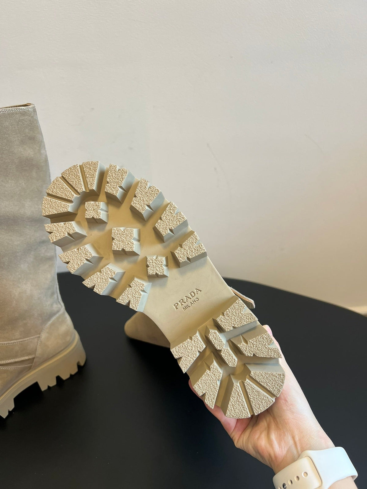 PRADA 25S HIGH-CUT PLATFORM BOOTS IN DARK BEIGE SUEDE WITH GOLD HARDWARE