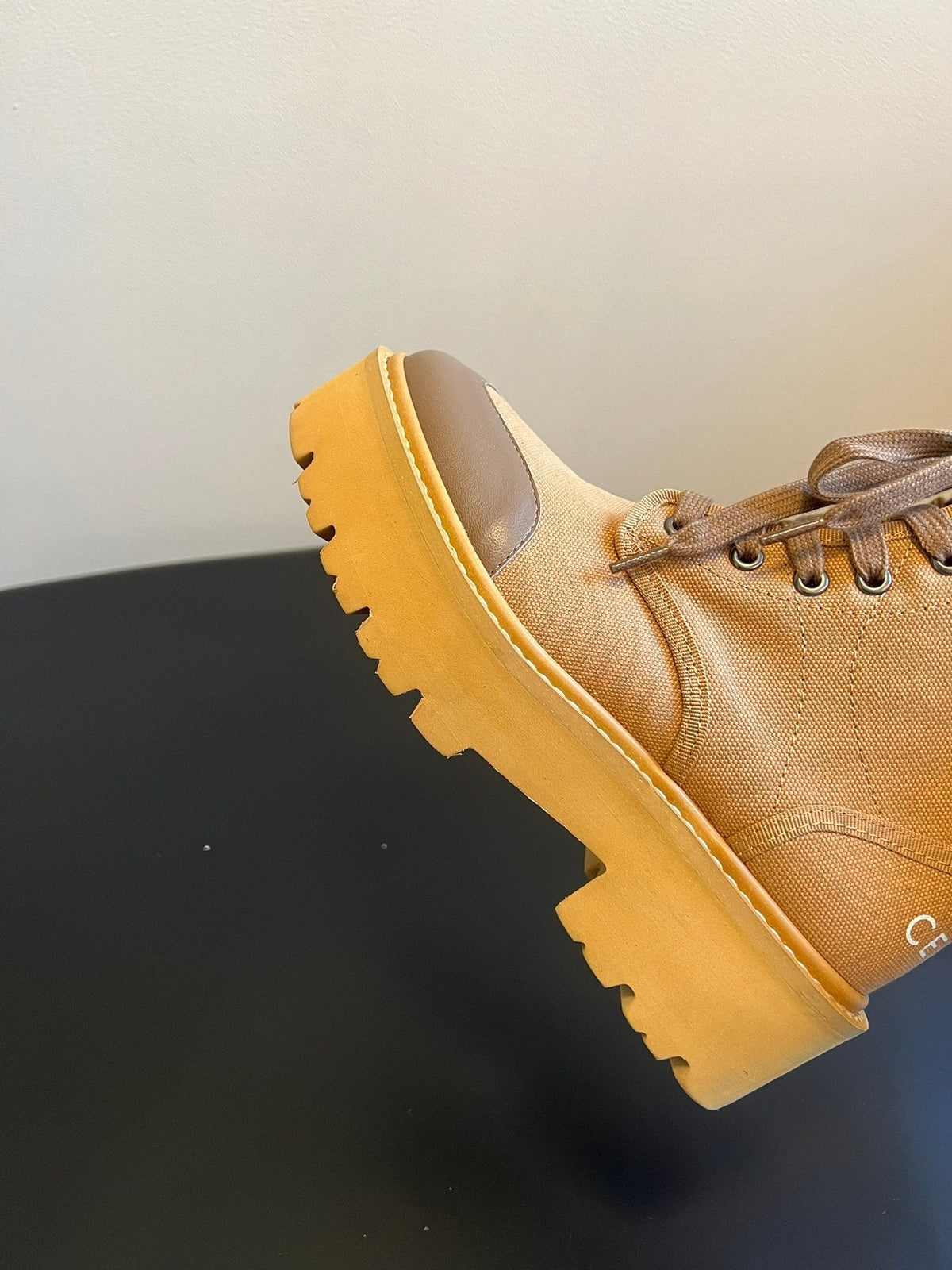 CELINE 26S BULKY LACE-UP BOOTS 45 MM IN SAND BEIGE CANVAS AND CALFSKIN