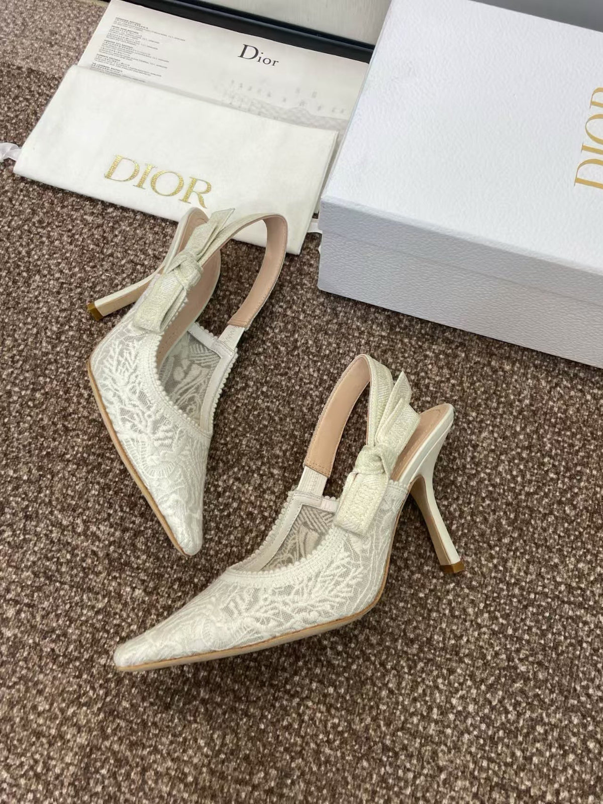 J'ADIOR SLINGBACK PUMPS IN IVORY WHITE EMBROIDERED LACE