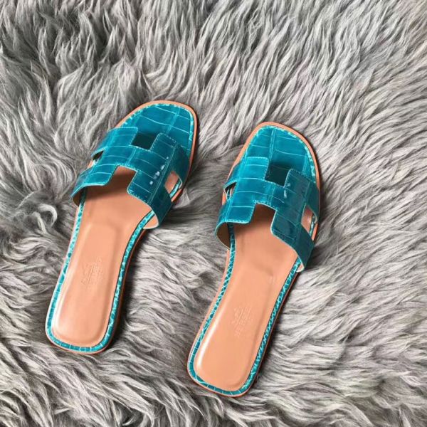 HERM Oran Sandals In Blue Paon Shiny Niloticus Crocodile