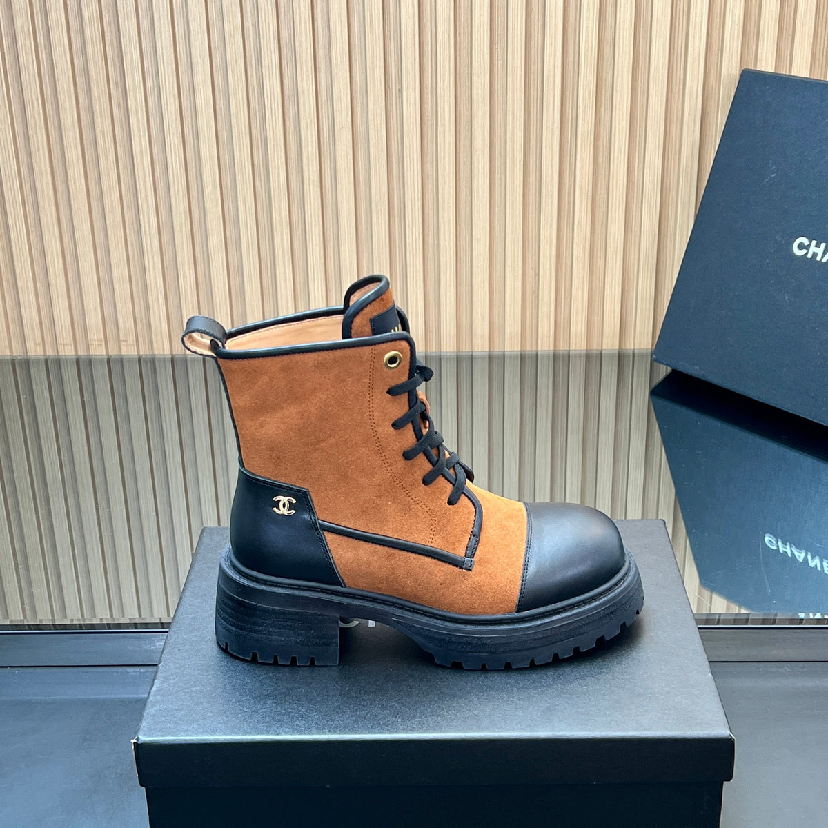 CHANEL 25S LACE-UP ANKLE BOOTS IN DARK CARAMEL SUEDE AND BLACK CALFSKIN