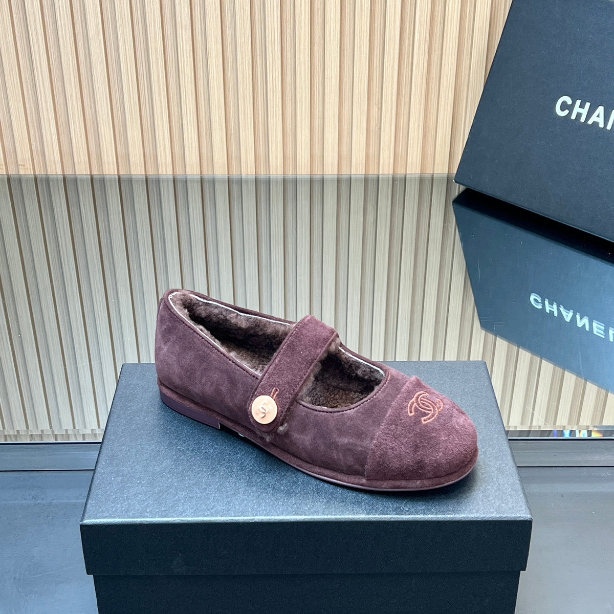 CHANEL 25S FURRY MARY JANE SHOES IN DARK PURPLE SUEDE