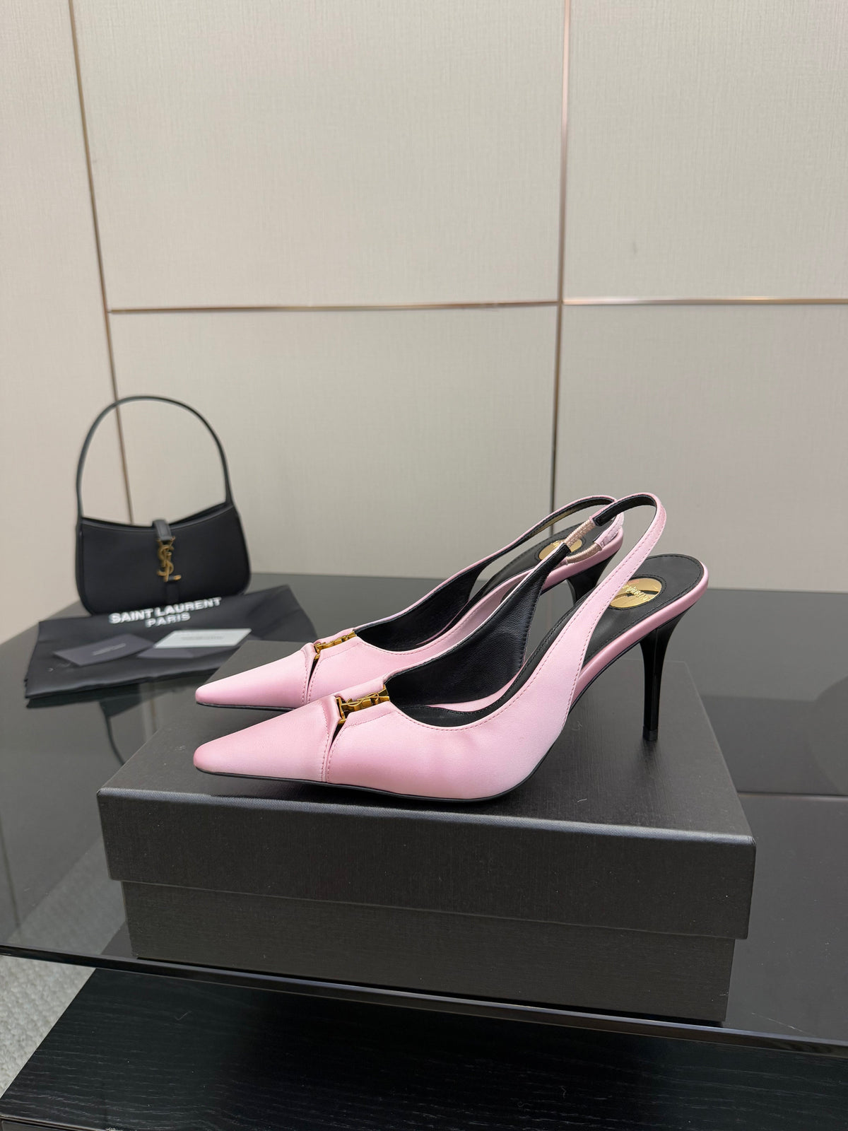 YSL 25S SLINGBACK HIGH HEELS 90 MM IN PINK SATIN WITH GOLD HARDWARE STYLE 17