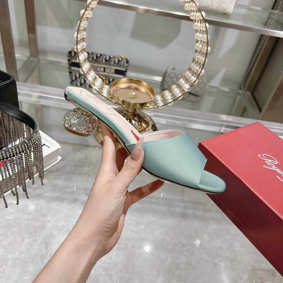 CRYSTAL HEEL MULE IN LIGHT BLUE-GREEN SILK