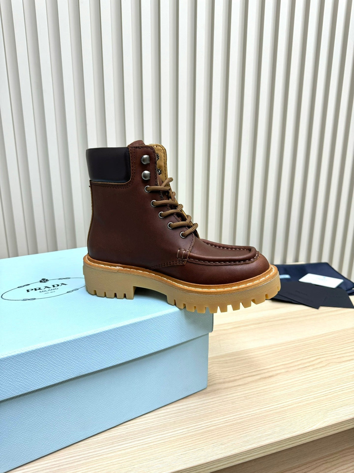 PRADA 25S LACE-UP ANKLE BOOTS IN DARK BROWN CALFSKIN