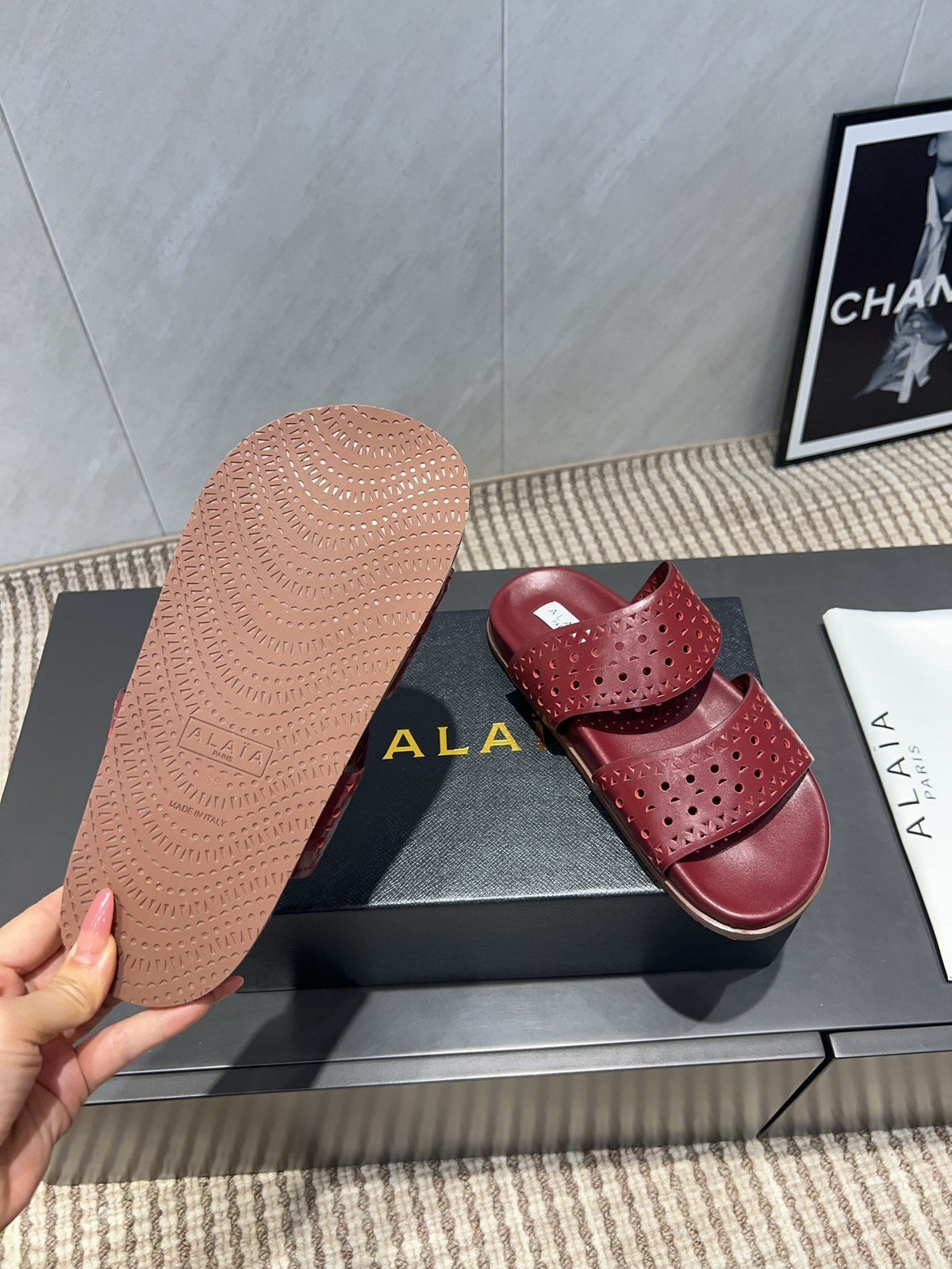 ALAIA CHUNKY TWO-STRAP SLIDES 25S IN DARK RED CALFSKIN