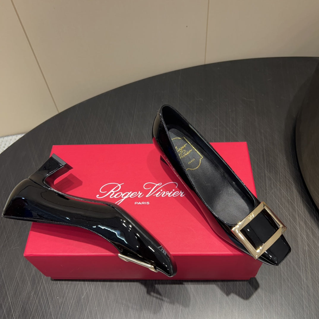 ROGER VIVIER 25S BELLE VIVIER PUMPS 45MM IN BLACK CALFSKIN GOLD BUCKLE