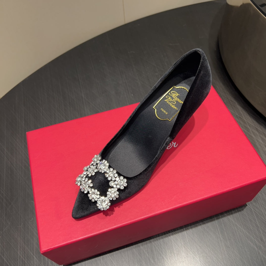 ROGER VIVIER 25S POINTED TOE HIGH HEELS 70MM IN BLACK VELVET EMBELLISHED CRYSTALS