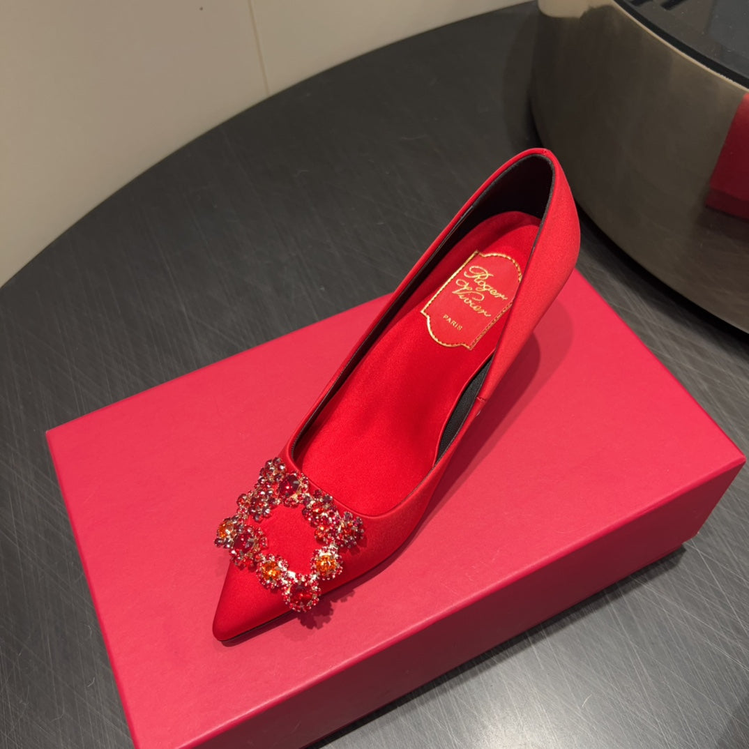 ROGER VIVIER 25S POINTED TOE HIGH HEELS 70MM IN BRIGHT RED SILK EMBELLISHED CRYSTALS