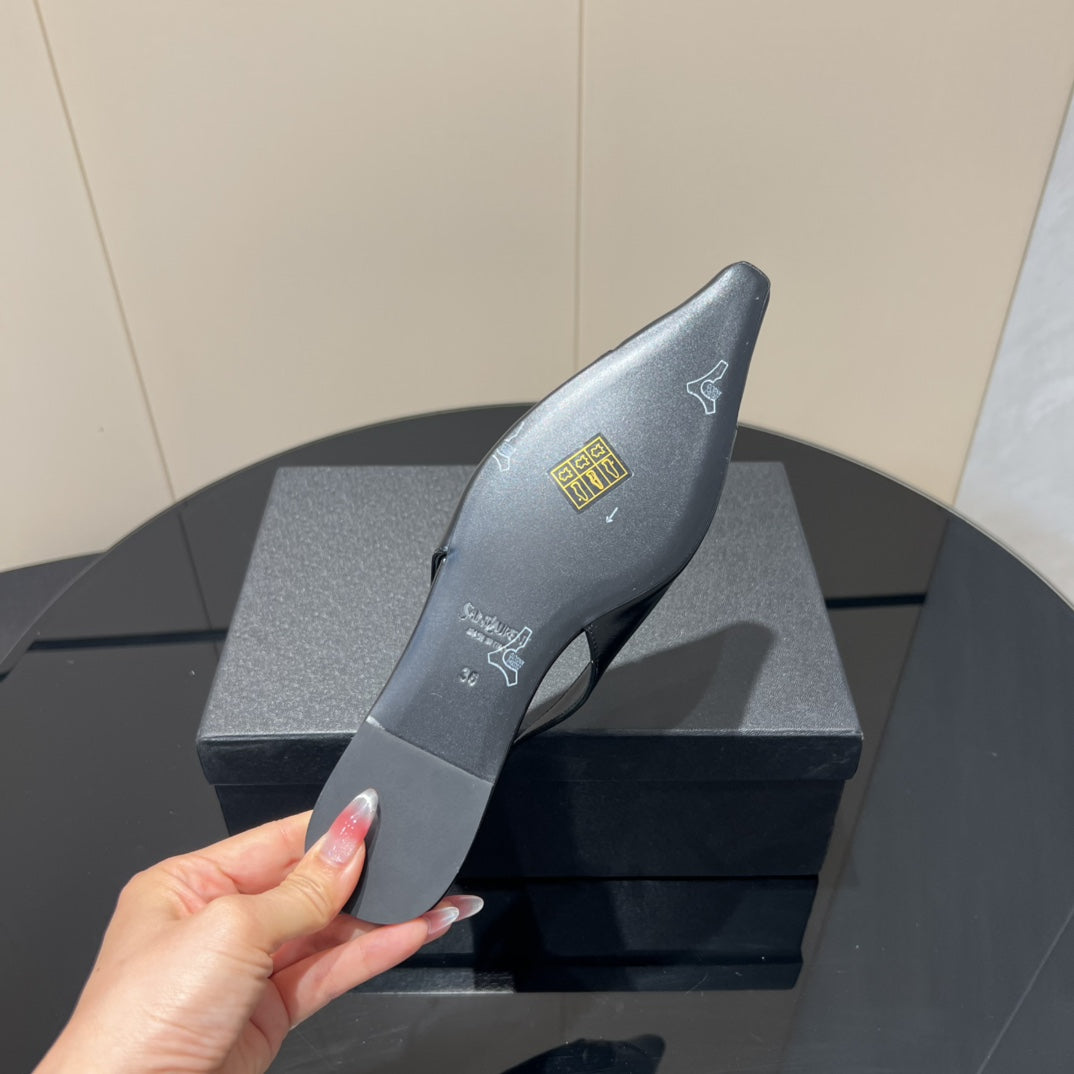 YSL SLINGBACK FLATS 25S IN BLACK LAMBSKIN WITH GOLD HARDWARE