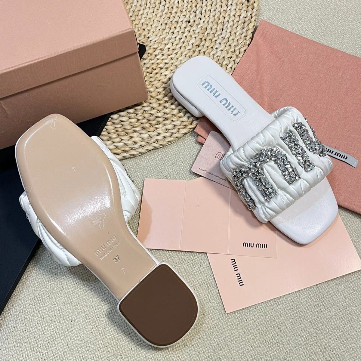 Women's White Leather Diamond Slippers