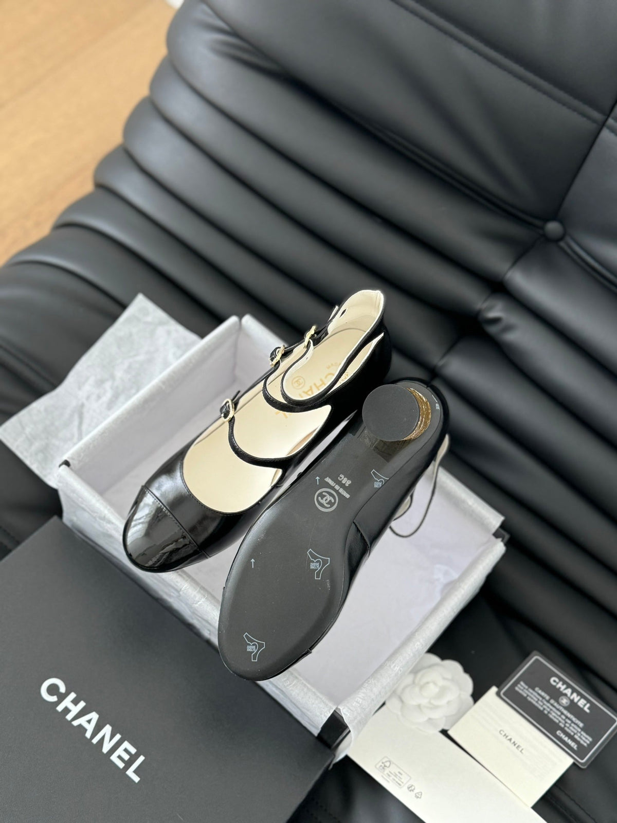 CC MARY JANE SHOES THREE STRAPS BLACK LAMBSKIN WITH GOLD HARDWARE