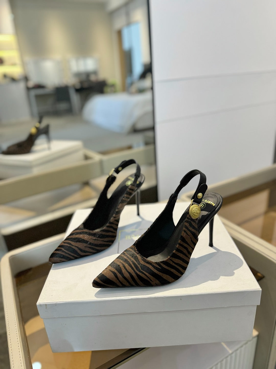 BALMAIN 25S SLINGBACK EVA 95MM IN BROWN AND BLACK ZEBRA PRINT CALFSKIN