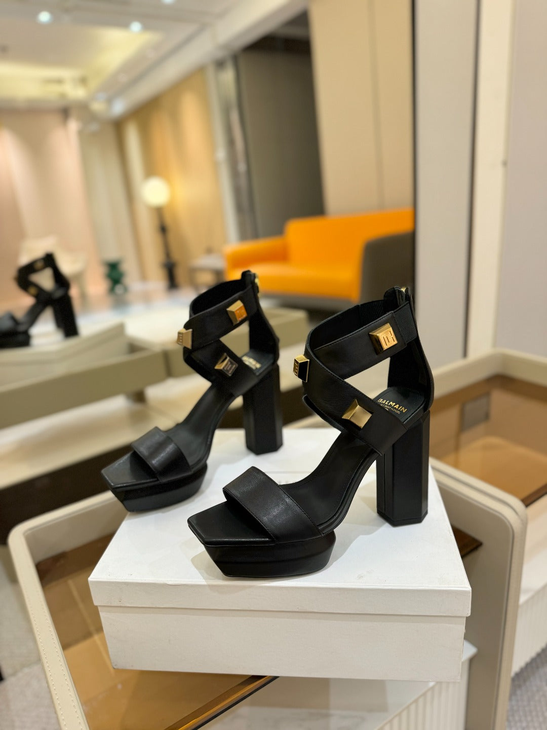 BALMAIN 25S WEDGE HEELS 105MM IN BLACK CALFSKIN GOLD HARDWARE