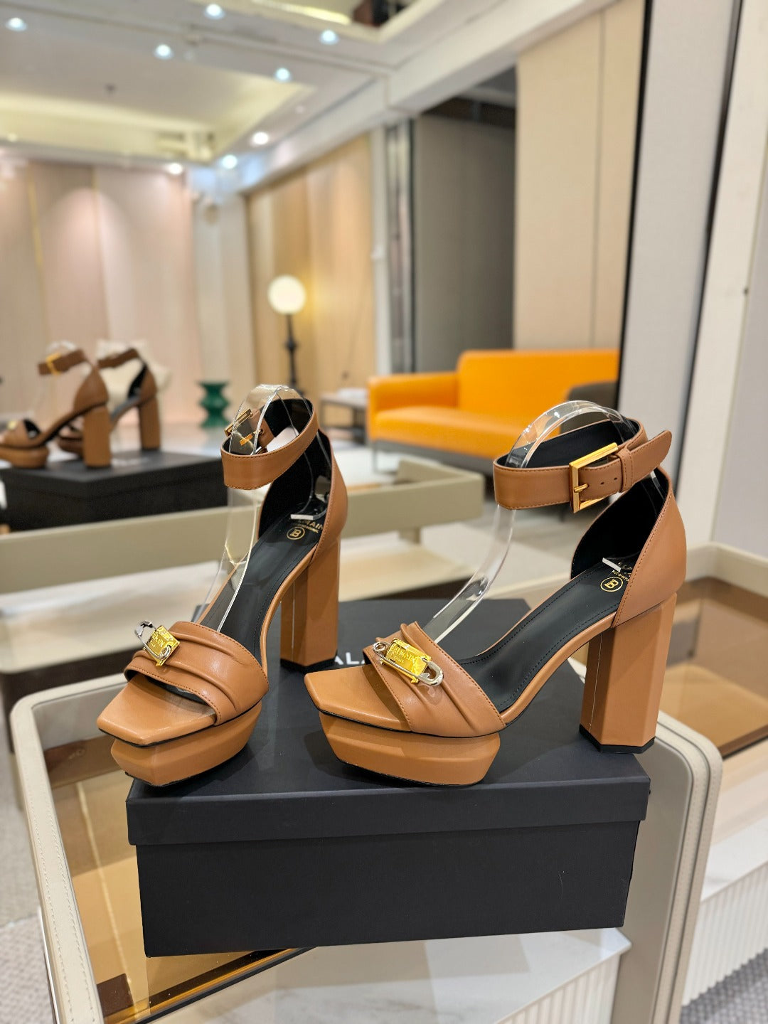 BALMAIN 25S WEDGE HEELS 100MM IN BROWN CALFSKIN