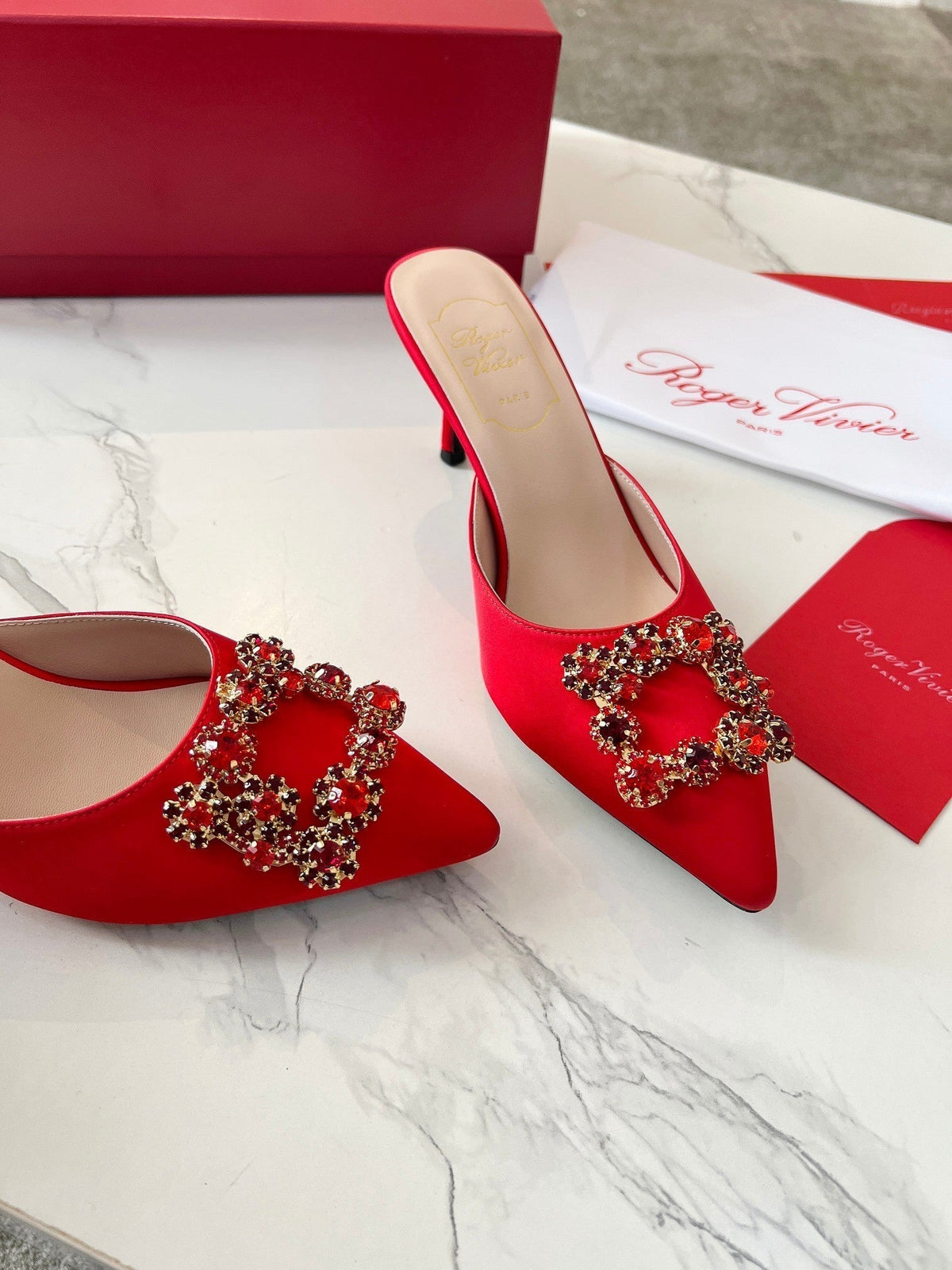 EFFLORESCENCE MULES IN RED SATIN