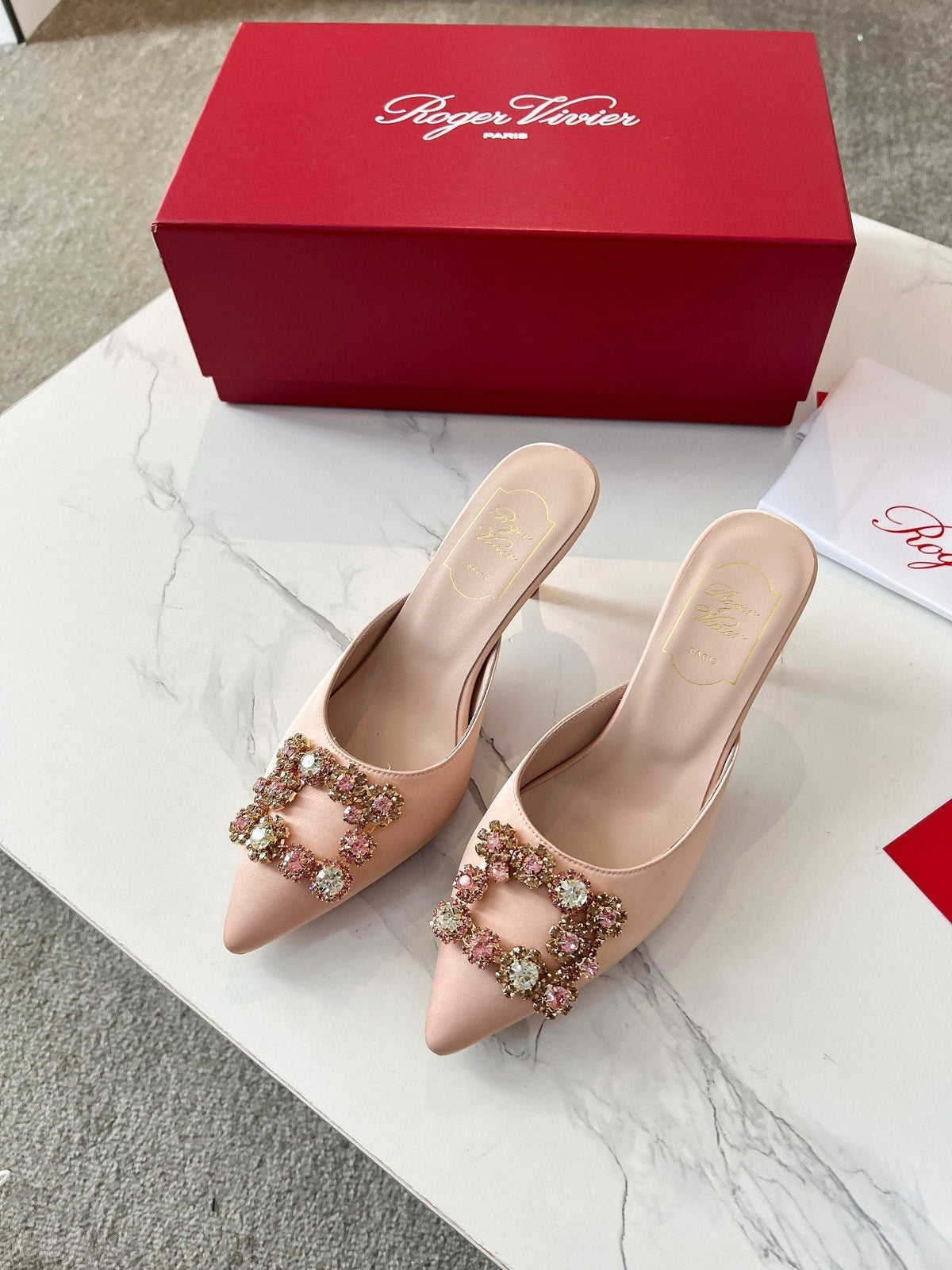 EFFLORESCENCE MULES IN LIGHT FAWN SATIN
