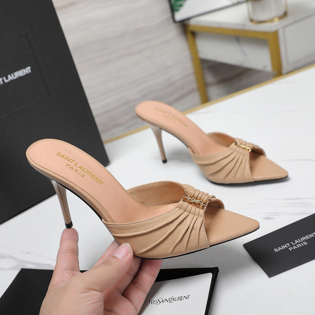 YSL HIGH HEEL 100 MM IN BEIGE CALFSKIN