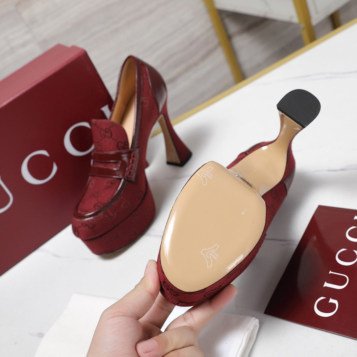GG CLASSIC HIGH HEELS 110 IN DARK RED WITH LOGO PRINT
