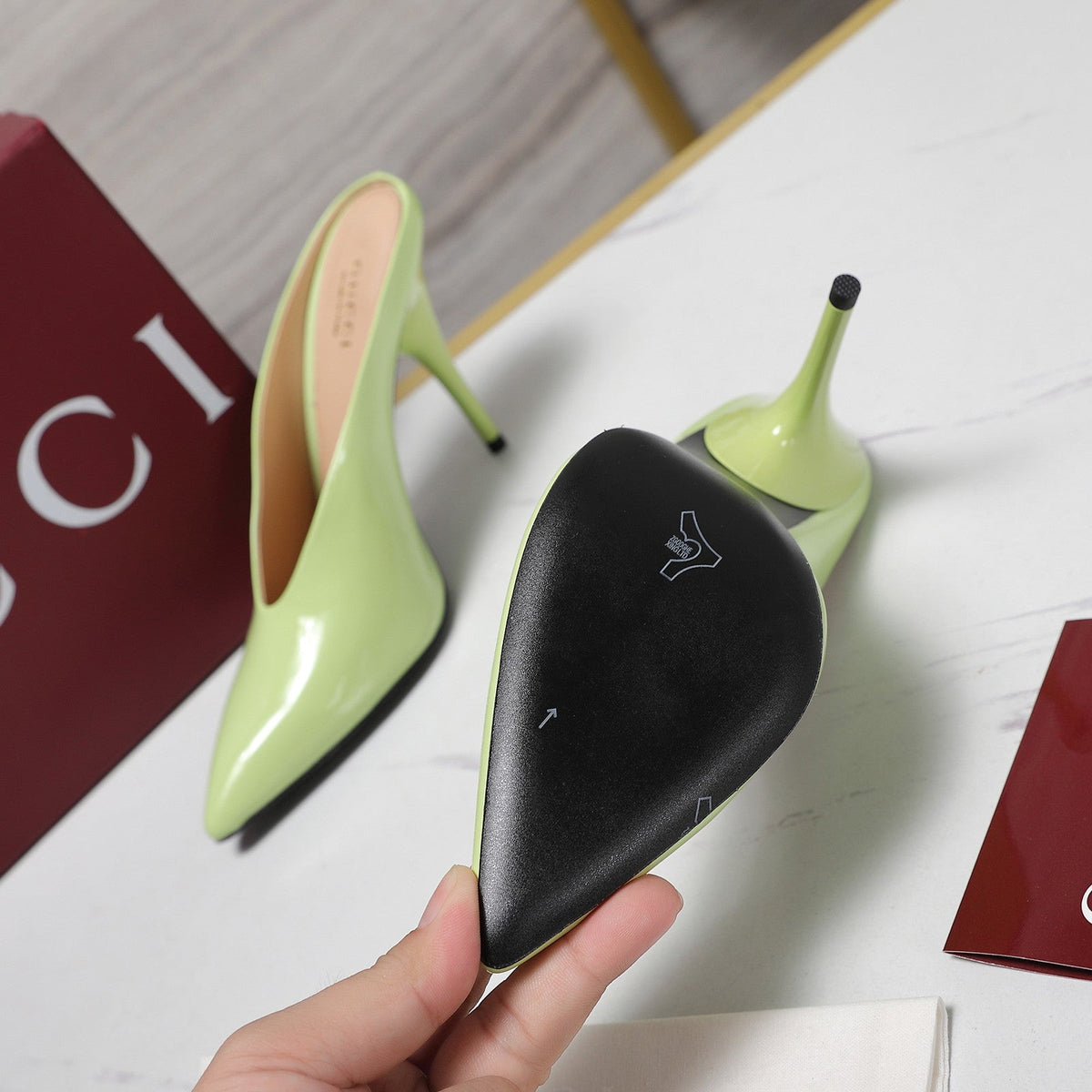 GG HEELED MULES 105 IN PASTEL GREEN CALFSKIN