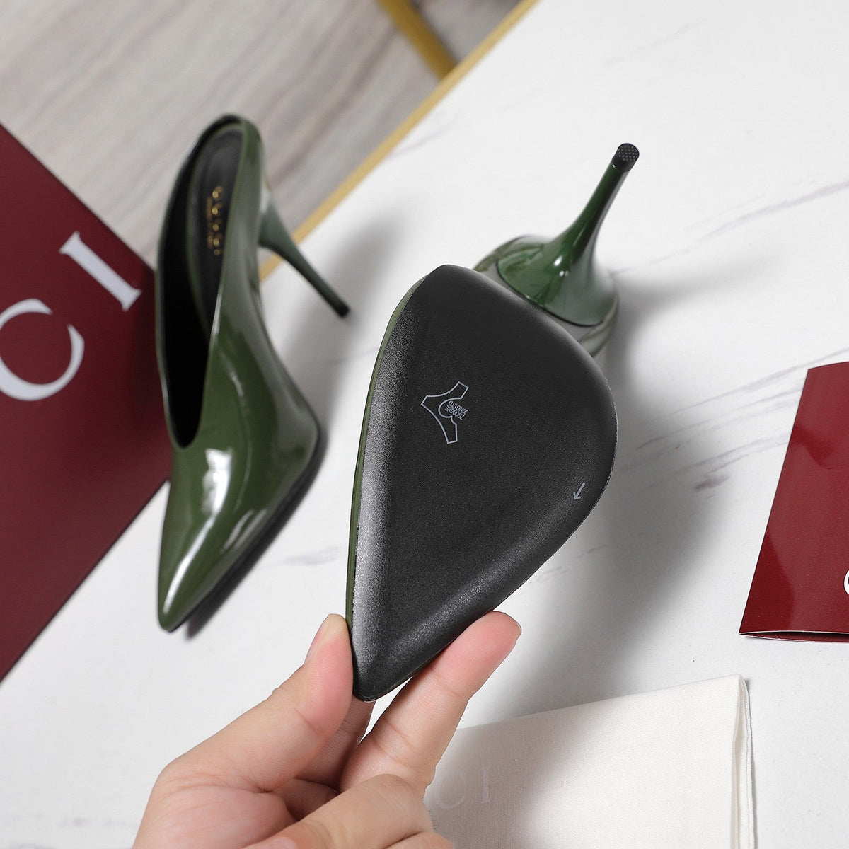 GG HEELED MULES 105 IN ARMY GREEN CALFSKIN