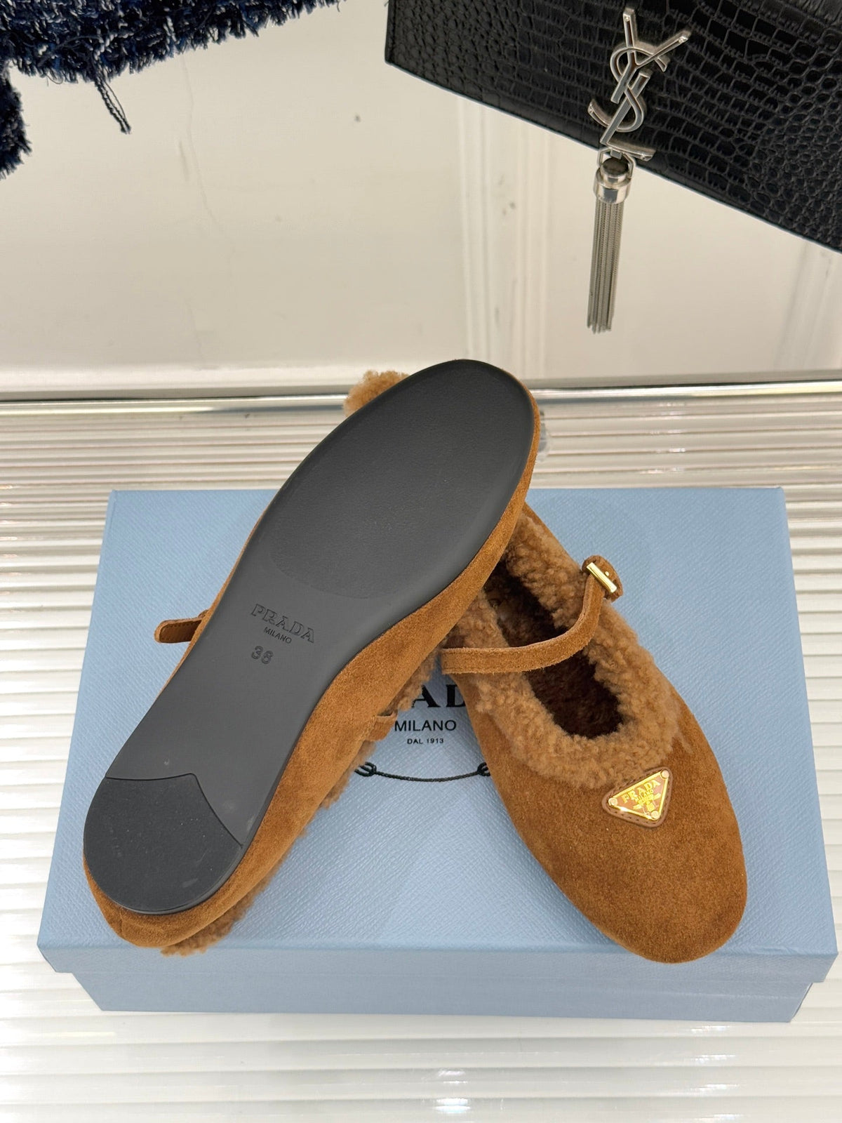 PRADA 25S MARY JANE FLATS IN BROWN SUEDE WITH GOLD HARDWARE