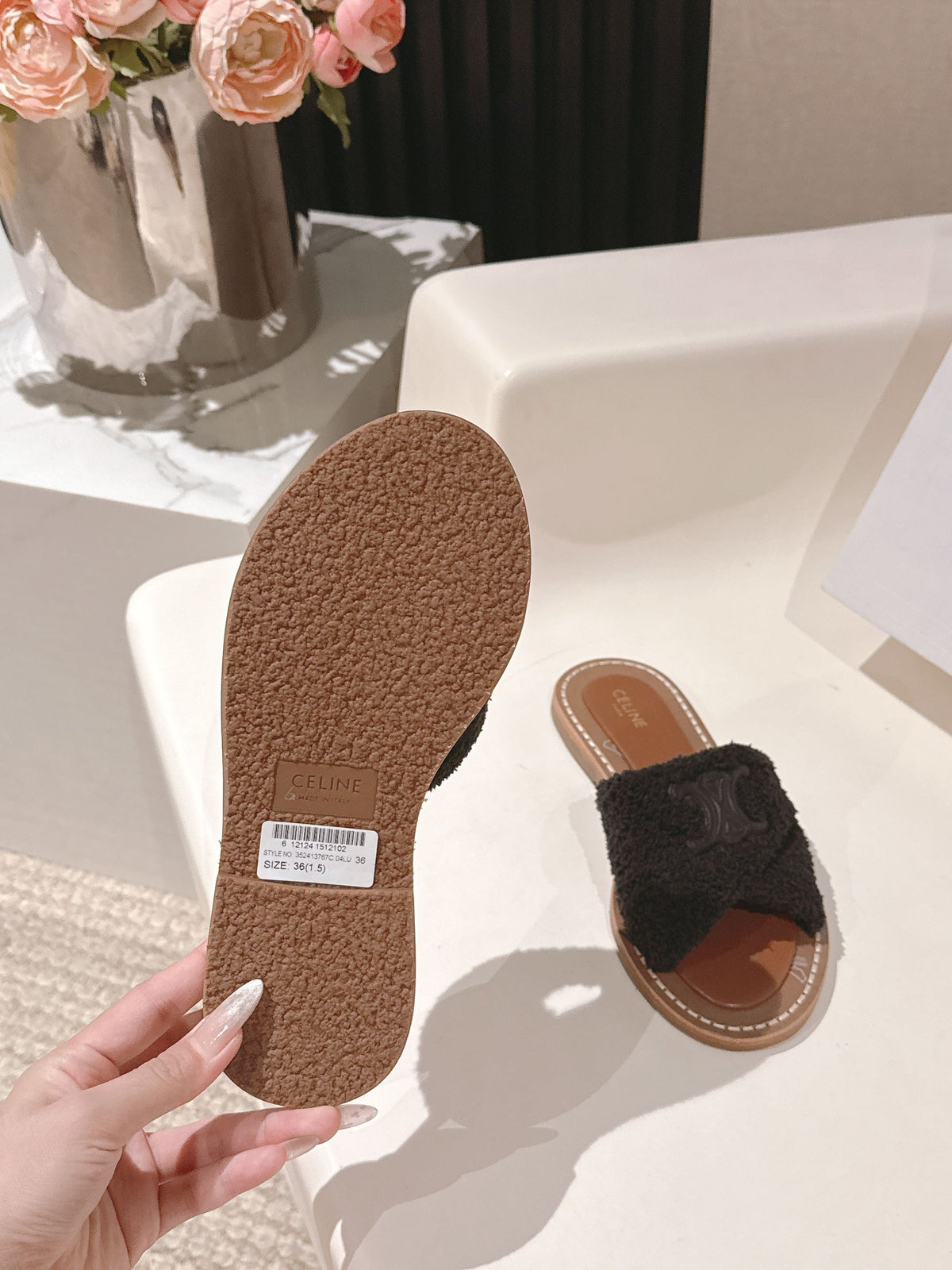 CELINE 25S LYMPIA TWISTED SANDAL IN BLACK SPONGE FABRIC