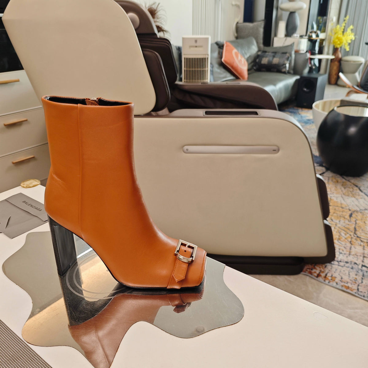 BALENCIAGA 25S BEL AIR BOOTS 115 MM IN DARK ORANGE CALFSKIN WITH SILVER HARDWARE