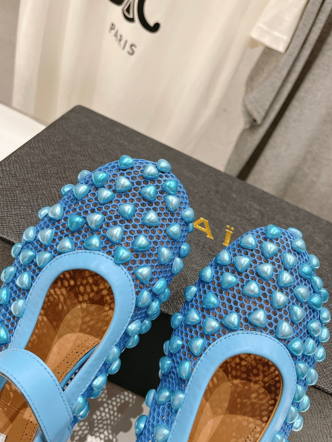 ALAIA PEARL MARY JANE SHOES IN CERULEAN BLUE MESH AND CALFSKIN