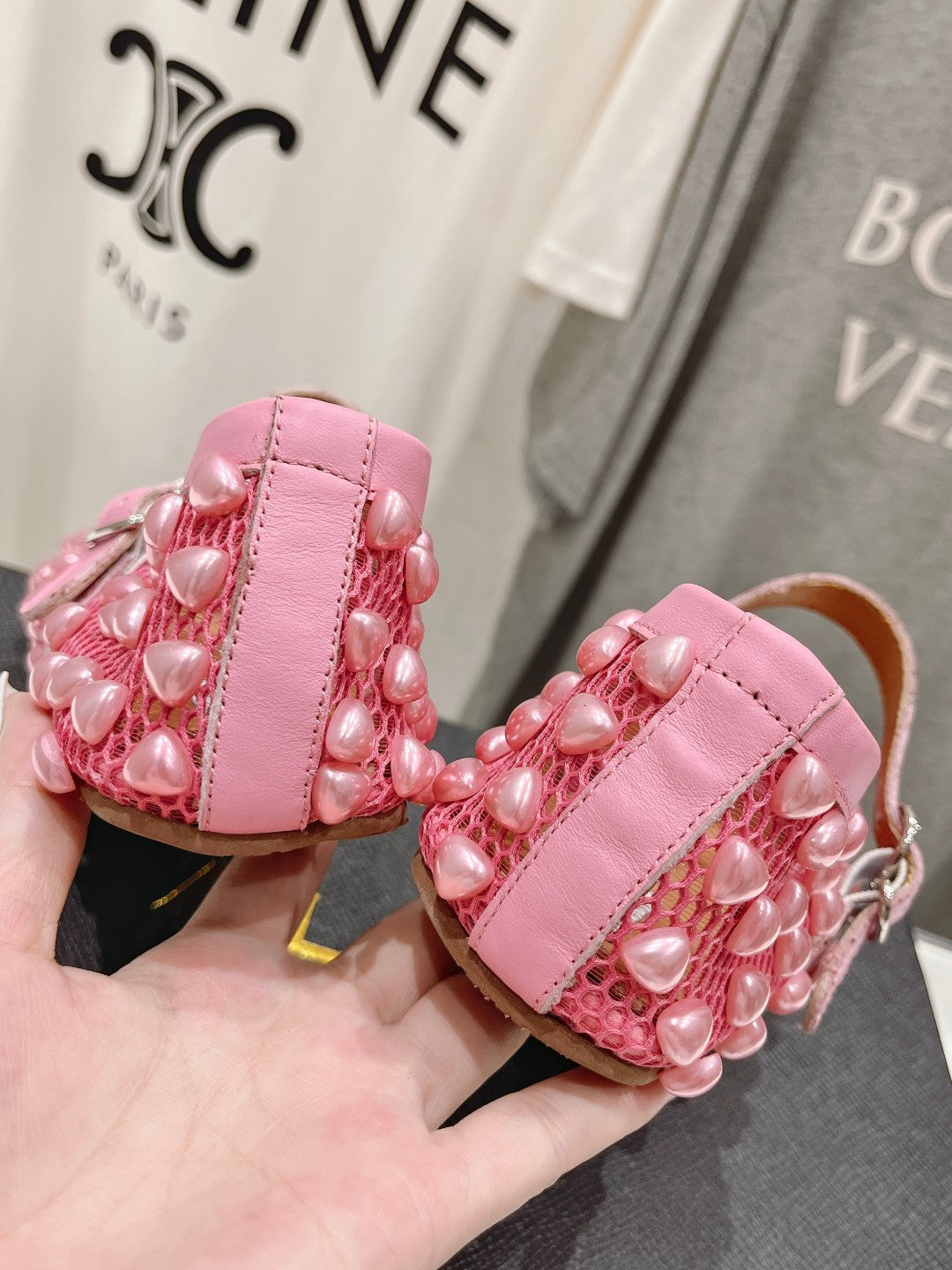 ALAIA PEARL MARY JANE SHOES IN DARK PINK MESH AND CALFSKIN