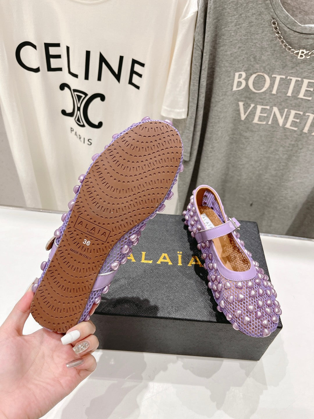 ALAIA PEARL MARY JANE SHOES IN LAVENDER PURPLE MESH AND CALFSKIN