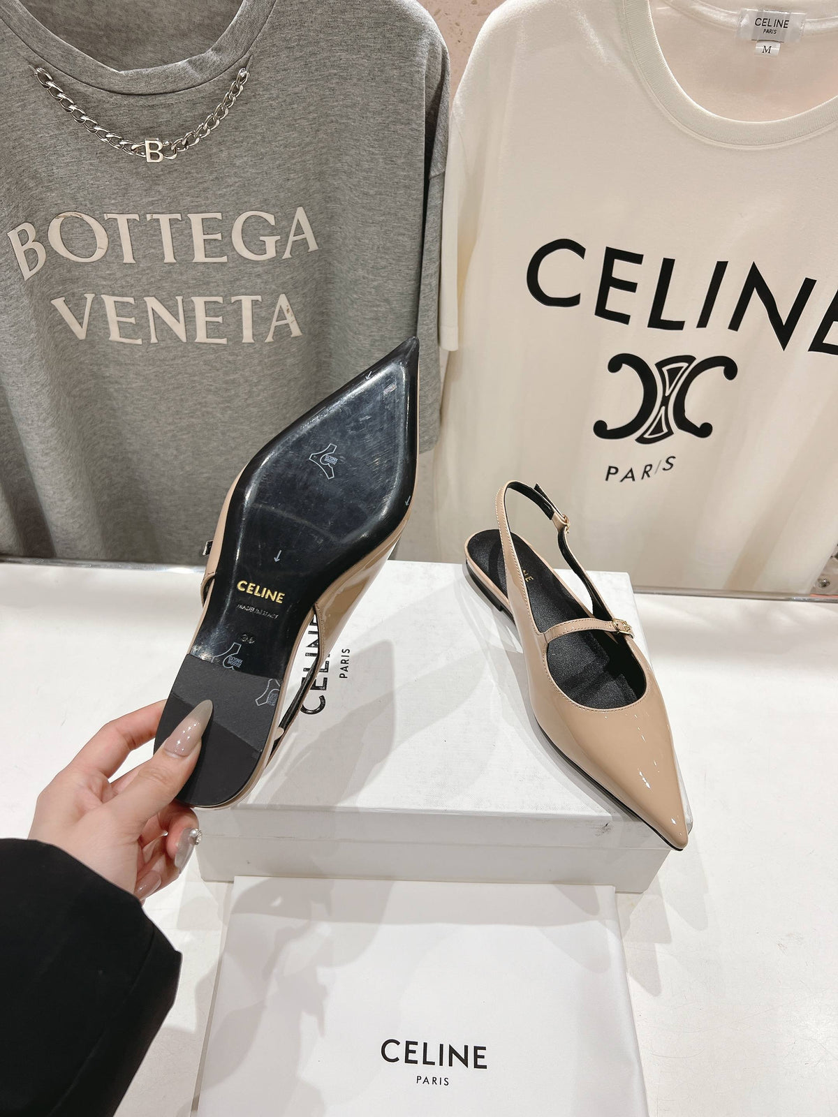 JUDY FLAT SLINGBACK IN TAN BEIGE PATENT CALFSKIN