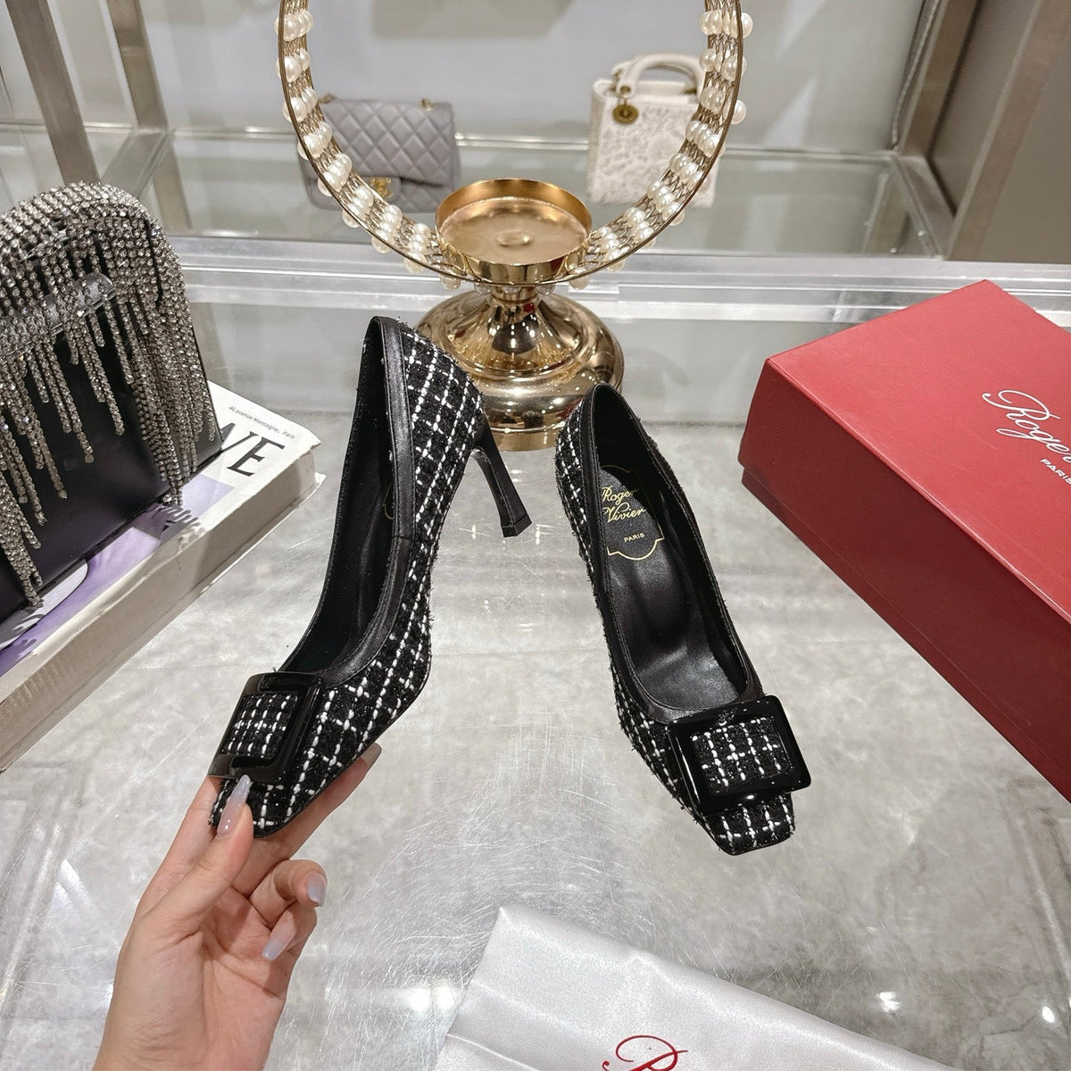 ROGER VIVIER 25S TROMPETTE BALLERINAS 75MM IN BLACK TWEED