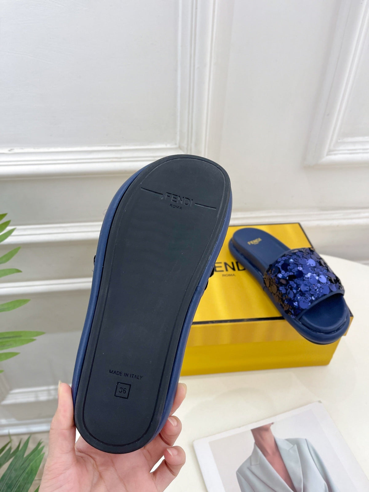 FENDI THICK SOLE 3 CM SEQUIN SLIPPER NAVY BLUE