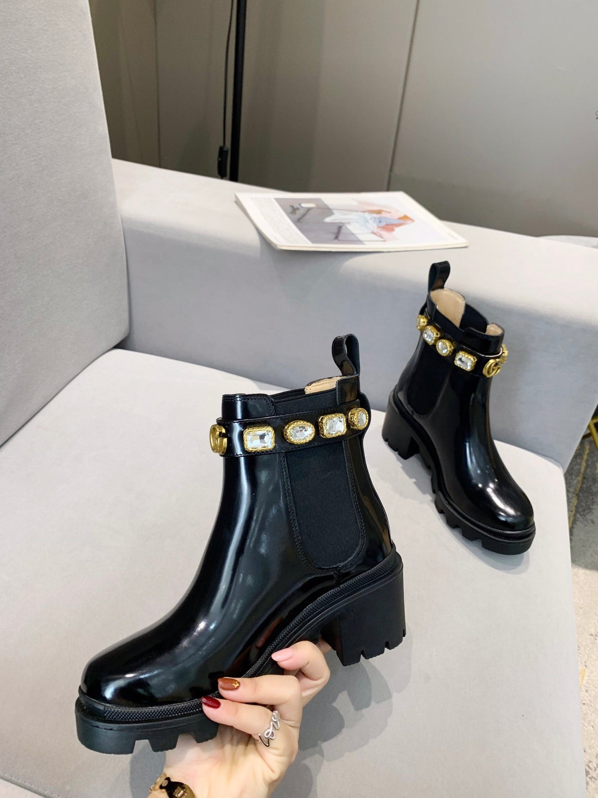 GG CRYSTAL ANKLE BOOTS IN BLACK CALFSKIN GHW