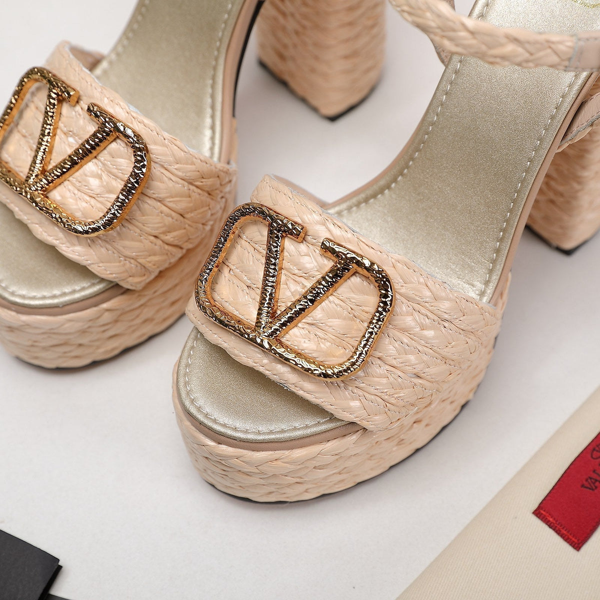 VLTN ESPADRILLE WEDGE SANDALS 25S 130 MM IN BEIGE RAFFIA WITH GOLD HARDWARE
