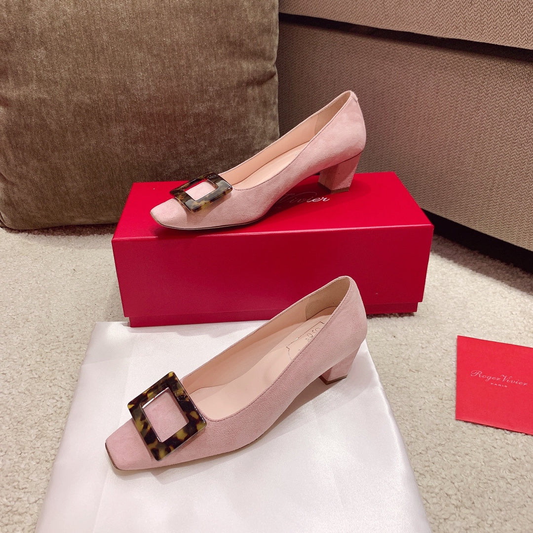 BELLE VIVIER PUMPS IN PINK SUEDE TORTOISESHELL BUCKLE